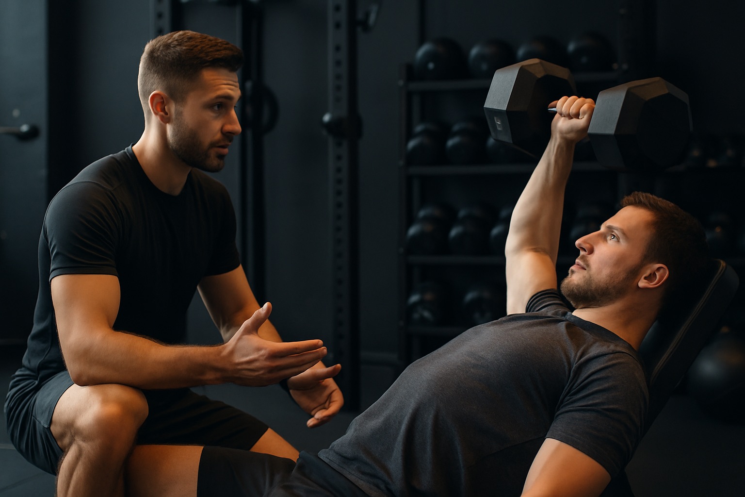 A FitBeat coach cueing a client through a strength lift