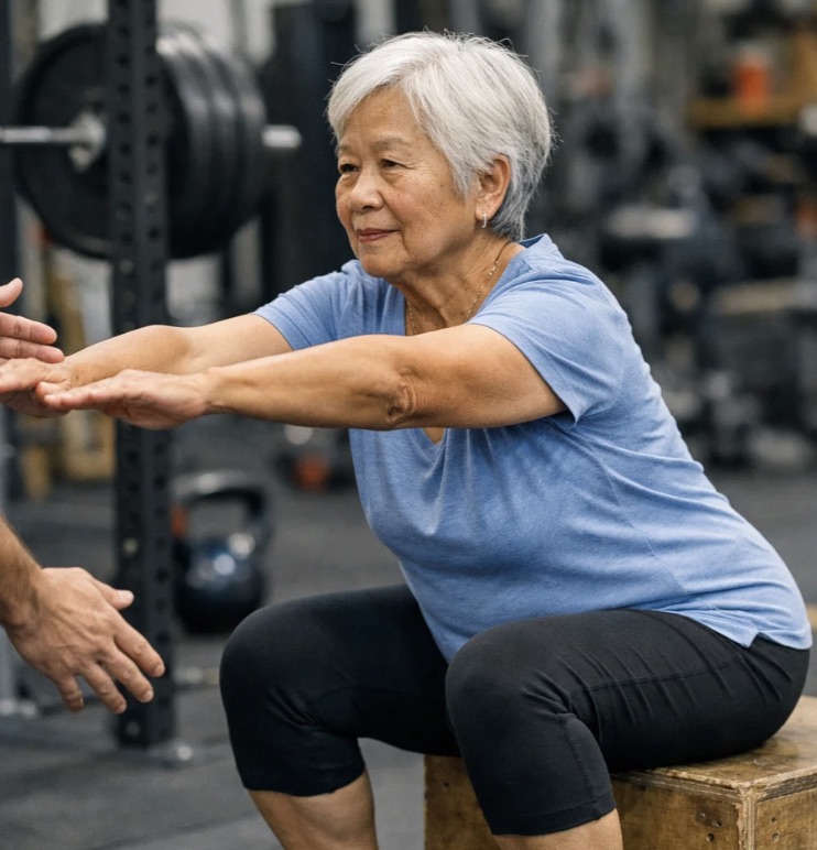 A senior doing coached strength work