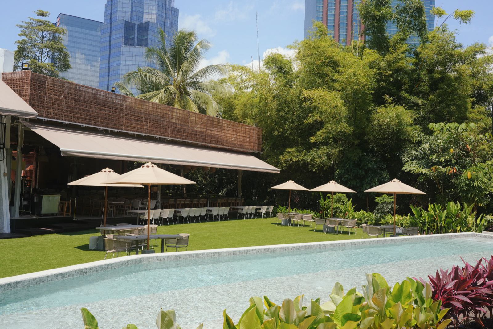 The lawn at Wheelers Tropikana: turf with tables and parasols, the pool along the front, the covered bar under its awning, towers over the trees behind
